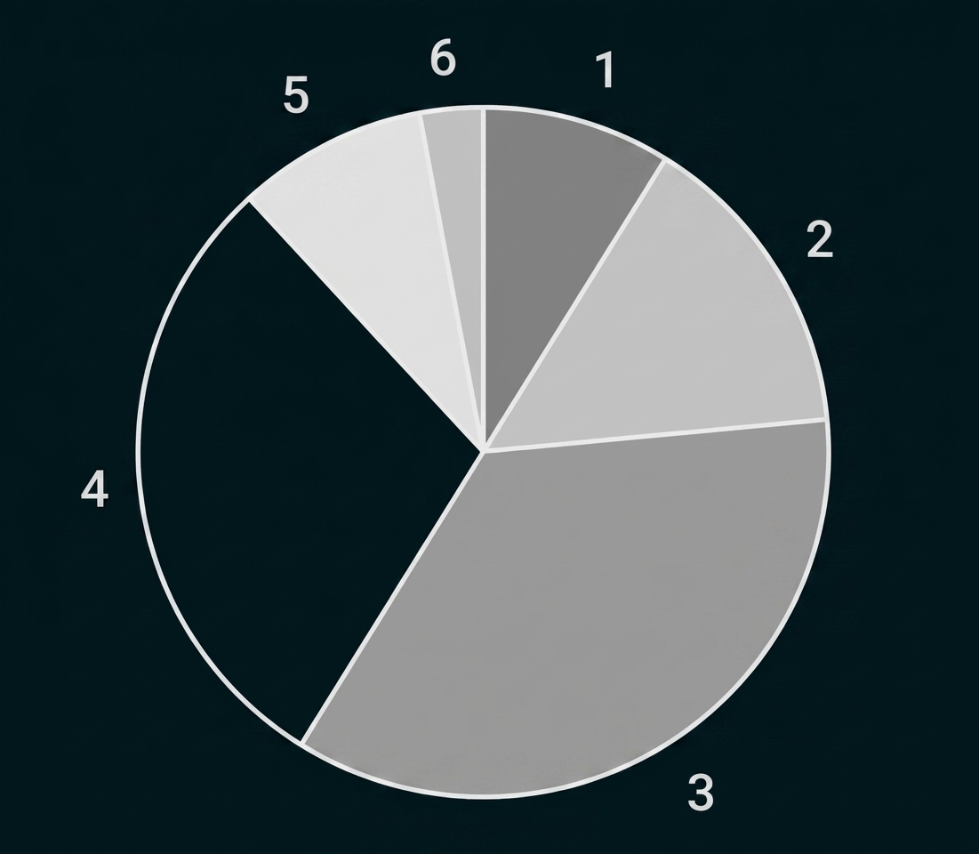 Kreisdiagramm mit sechs nummerierten Segmenten in Graustufen.